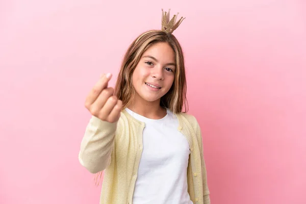 Little Princess Crown Isolated Pink Background Making Money Gesture —  Fotos de Stock