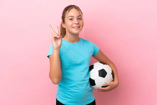 Little Football Player Girl Isolated Pink Background Smiling Showing Victory — Stock fotografie