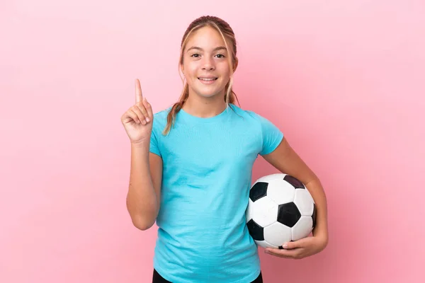 Little Football Player Girl Isolated Pink Background Pointing Great Idea — Stockfoto