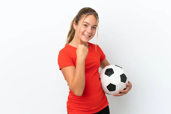 Little Caucasian Girl Isolated White Background Soccer Ball Celebrating Victory — Stock Photo, Image