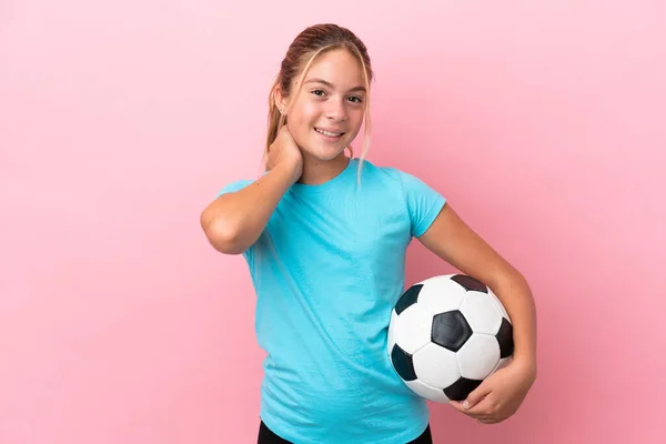 Little Football Player Girl Isolated Pink Background Laughing — 스톡 사진