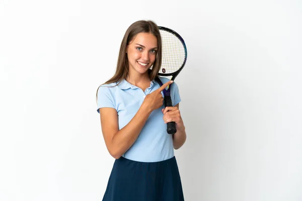 Woman Playing Tennis Isolated White Wall Pointing Side Present Product — Stockfoto