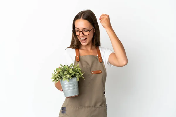 Kertész Lány Gazdaság Egy Növény Felett Elszigetelt Fehér Háttér Ünnepli — Stock Fotó