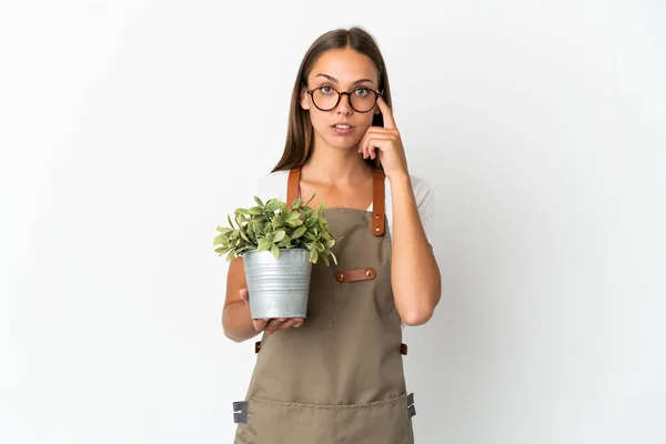Tuinier Meisje Met Een Plant Geïsoleerde Witte Achtergrond Denken Een — Stockfoto