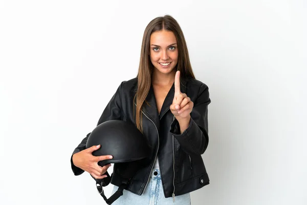Woman Motorcycle Helmet Isolated White Background Showing Lifting Finger — ストック写真