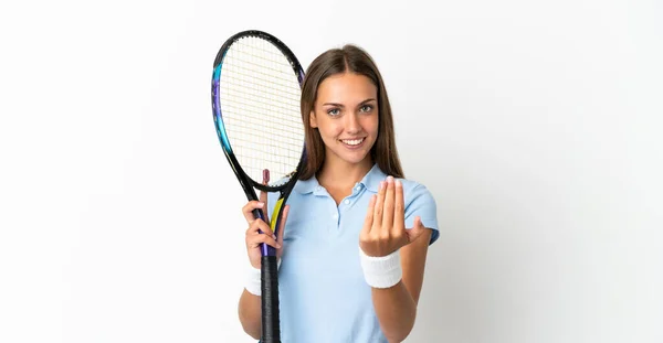 Young Woman Isolated White Background Playing Tennis Doing Coming Gesture — Stockfoto