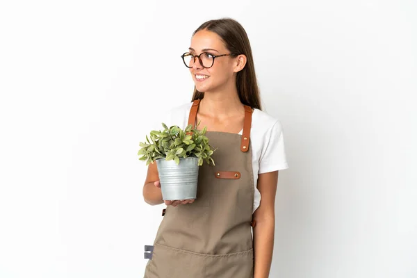 Kertész Lány Gazdaság Egy Növény Felett Elszigetelt Fehér Háttér Látszó — Stock Fotó