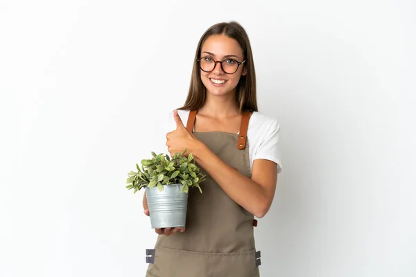 Tuinier Meisje Houden Een Plant Geïsoleerde Witte Achtergrond Geven Van — Stockfoto