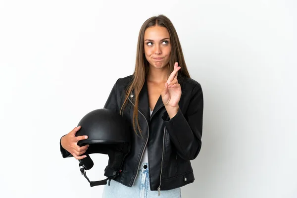 Woman Motorcycle Helmet Isolated White Background Fingers Crossing Wishing Best — Stock fotografie