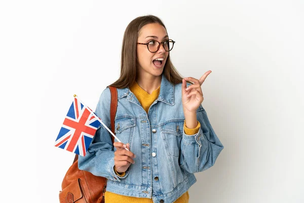 Young Hispanic Woman Holding United Kingdom Flag Isolated White Background — 스톡 사진