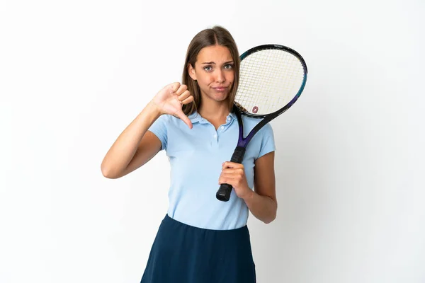 Woman Playing Tennis Isolated White Wall Showing Thumb Negative Expression —  Fotos de Stock
