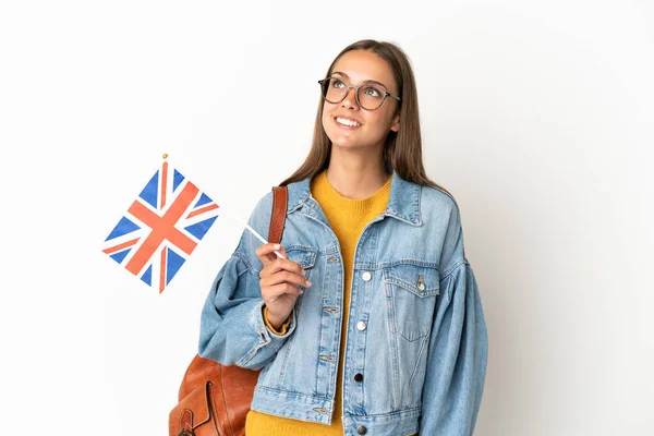 Young Hispanic Woman Holding United Kingdom Flag Isolated White Background — Foto de Stock