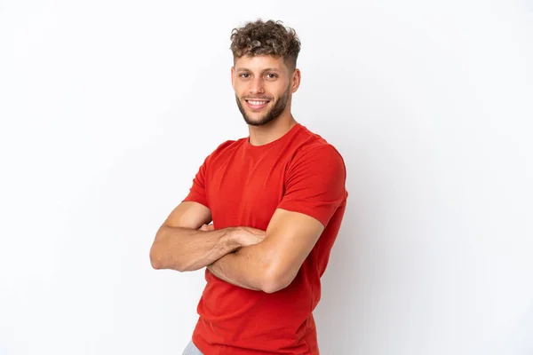 Young Caucasian Handsome Man Isolated White Background Arms Crossed Looking — Stock Photo, Image