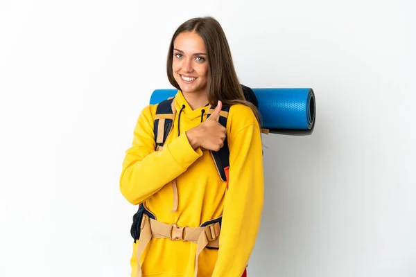 Young Mountaineer Woman Big Backpack Isolated White Background Giving Thumbs — Stock Photo, Image