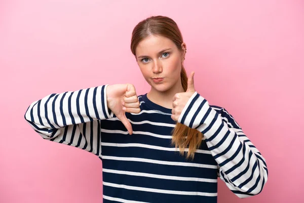 Junge Kaukasische Frau Isoliert Auf Rosa Hintergrund Die Ein Gutes — Stockfoto