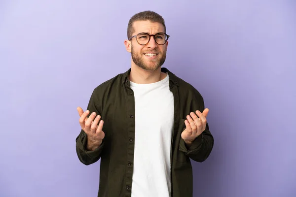 Young Handsome Caucasian Man Isolated Purple Background Stressed Overwhelmed — Stock Photo, Image