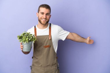 Bahçıvan beyaz adam sarı arka planda izole edilmiş bir bitki tutuyor. Davet için elini yana uzatıyor.