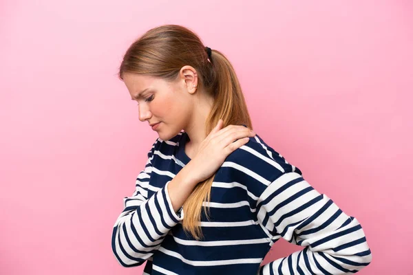 Young Caucasian Woman Isolated Pink Background Suffering Pain Shoulder Having — Stock Photo, Image
