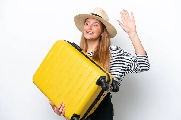 Junge Kaukasische Frau Isoliert Auf Weißem Hintergrund Urlaub Mit Reisekoffer — Stockfoto