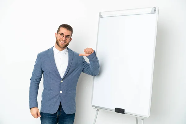 Young Business Woman Giving Presentation White Board Isolated White Background —  Fotos de Stock