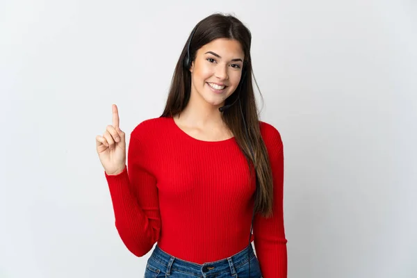 Young Brazilian Telemarketer Girl Isolated Background Showing Lifting Finger Sign — 图库照片