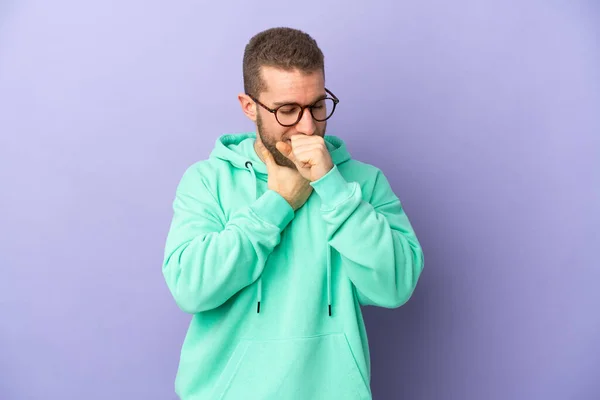Young Handsome Caucasian Man Isolated Purple Background Coughing Lot — Stock fotografie