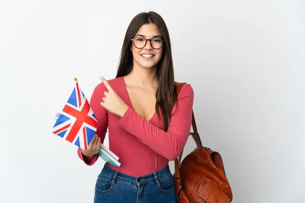 Adolescente Brasileira Segurando Uma Bandeira Reino Unido Isolada Fundo Branco — Fotografia de Stock