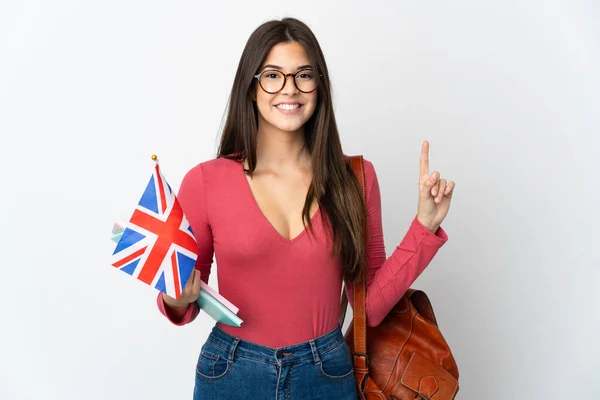 Подростковая Бразильская Девушка Флагом Великобритании Белом Фоне Показывающая Поднимающая Палец — стоковое фото