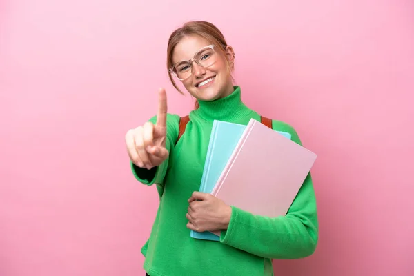 Young Caucasian Student Woman Isolated Pink Background Showing Lifting Finger — Stockfoto