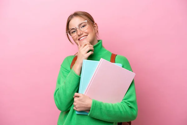 Young Caucasian Student Woman Isolated Pink Background Happy Smiling — Foto de Stock