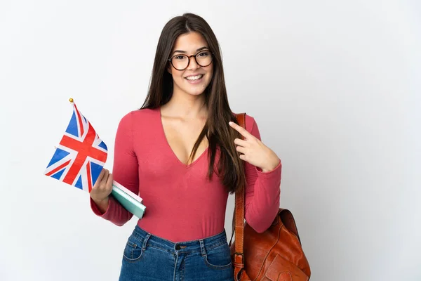 Adolescente Brasileiro Menina Segurando Uma Bandeira Reino Unido Isolado Fundo — Fotografia de Stock