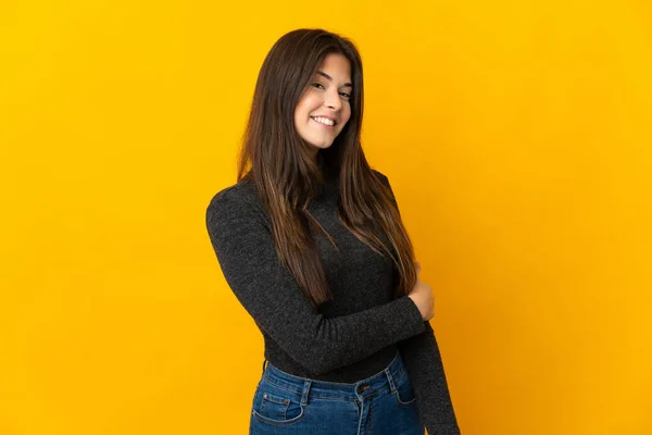 Teenager Brazilian Girl Isolated Yellow Background Laughing — Stock Photo, Image