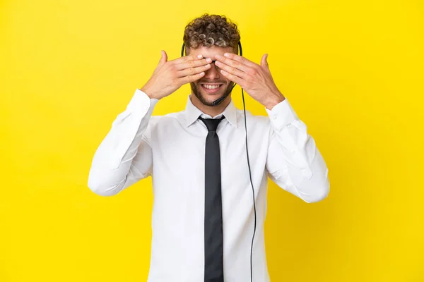Telemarketer Blonde Man Working Headset Isolated Yellow Background Covering Eyes — Zdjęcie stockowe