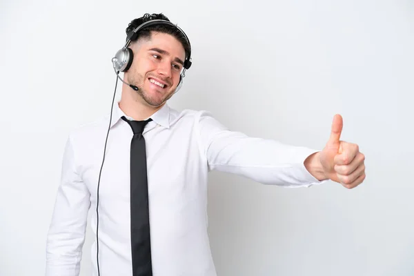 Telemarketer Caucasian Man Isolated White Background Giving Thumbs Gesture — ストック写真