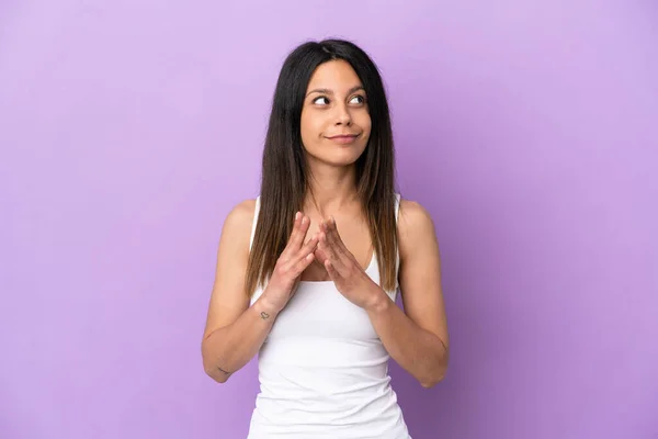 Young Caucasian Woman Isolated Purple Background Scheming Something — Stock Photo, Image