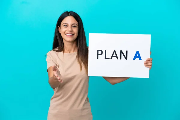 Young Woman Isolated Background Holding Placard Message Plan Making Deal — Foto de Stock