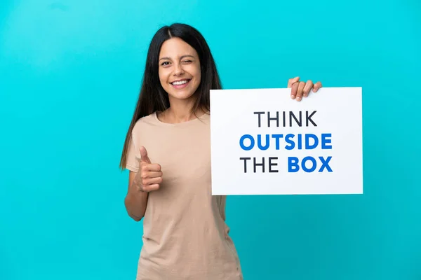 Young Woman Isolated Background Holding Placard Text Think Box Pointing — Stockfoto