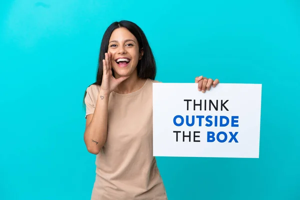 Young Woman Isolated Background Holding Placard Text Think Box Shouting — Stockfoto