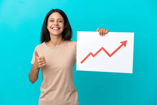 Young Woman Isolated Background Holding Sign Growing Statistics Arrow Symbol — Stockfoto