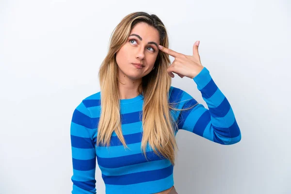 Young Caucasian Woman Isolated White Background Problems Making Suicide Gesture — Stock Photo, Image