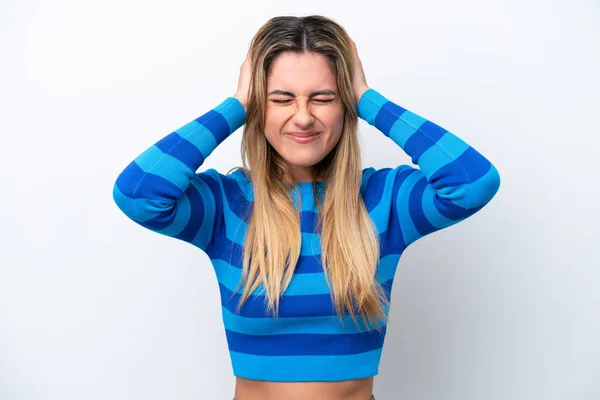 Young Caucasian Woman Isolated White Background Frustrated Covering Ears — Stock Photo, Image