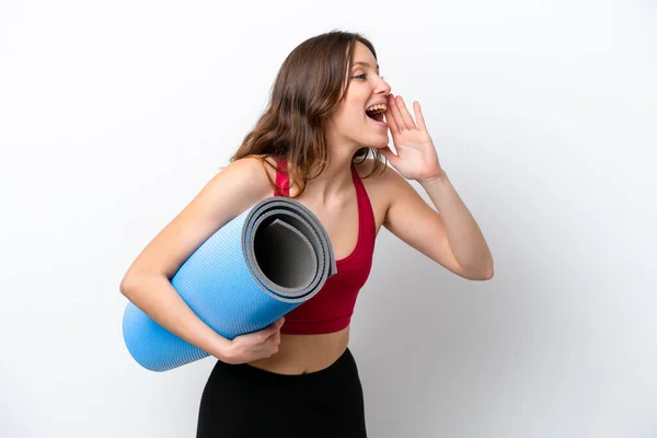 Jonge Sport Blanke Vrouw Gaat Naar Yoga Klassen Terwijl Het — Stockfoto
