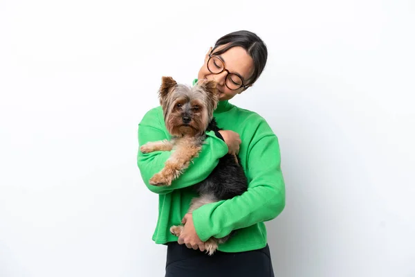 Young Hispanic Woman Holding Dog Isolated White Background Happy Expression — 스톡 사진