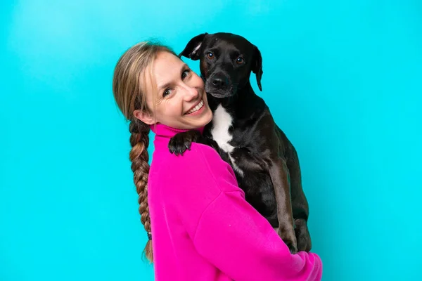 Young Caucasian Woman Her Dog Isolated Background — 스톡 사진