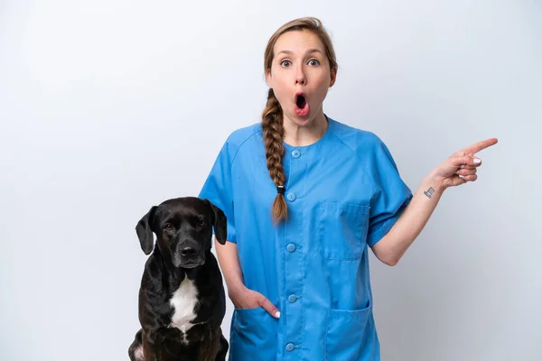 Jovem Veterinária Mulher Com Cão Isolado Fundo Branco Surpreendido Apontando — Fotografia de Stock