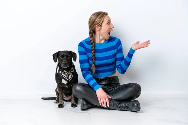 Young Caucasian Woman Sitting Floor His Puppy Isolated White Background — Fotografia de Stock