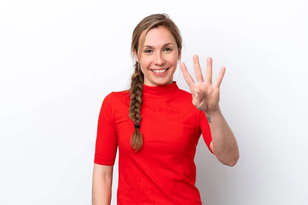 Junge Kaukasische Frau Isoliert Auf Weißem Hintergrund Glücklich Und Zählt — Stockfoto