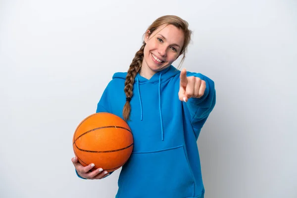 Young Caucasian Woman Playing Basketball Isolated White Background Pointing Front — Foto Stock