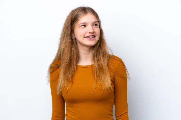 Adolescente Russo Menina Isolado Fundo Branco Pensando Uma Ideia Olhar — Fotografia de Stock