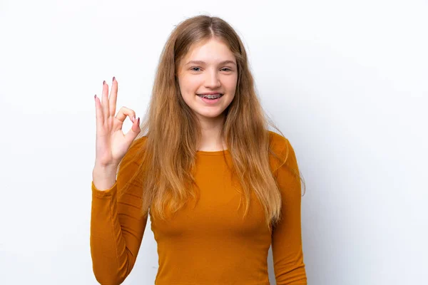 Teenager Ρωσίδα Απομονωμένη Λευκό Φόντο Που Δείχνει Εντάξει Σημάδι Δάχτυλα — Φωτογραφία Αρχείου